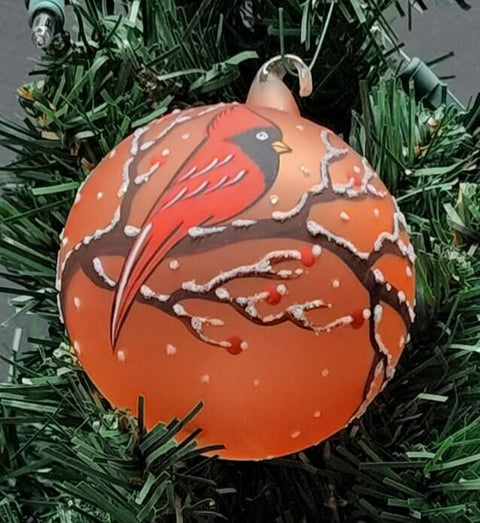 Orange Blown Glass Ornament - Handcrafted - Red Cardinal Design