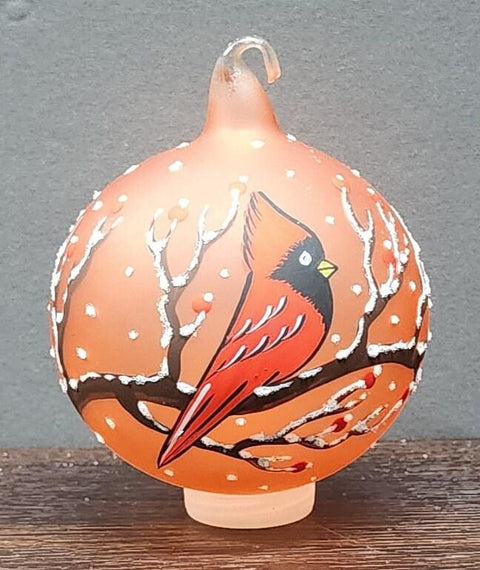 Orange Blown Glass Ornament - Handcrafted - Red Cardinal Design