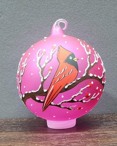 Pink Blown Glass Cardinal Ornament - Handcrafted - Red Cardinal Design