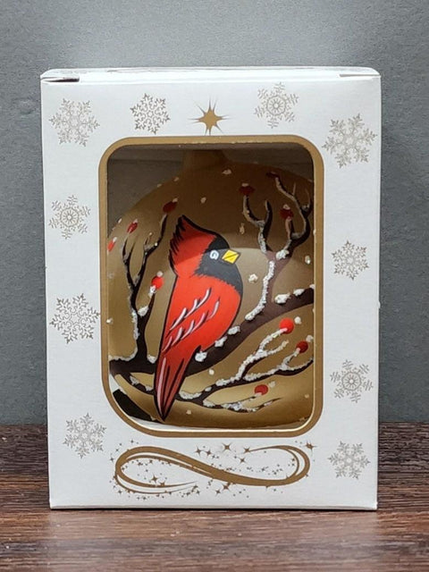 Yellow Blown Glass Ornament - Handcrafted - Red Cardinal Design