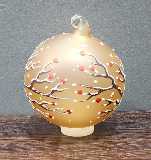 Yellow Blown Glass Ornament - Handcrafted - Red Cardinal Design