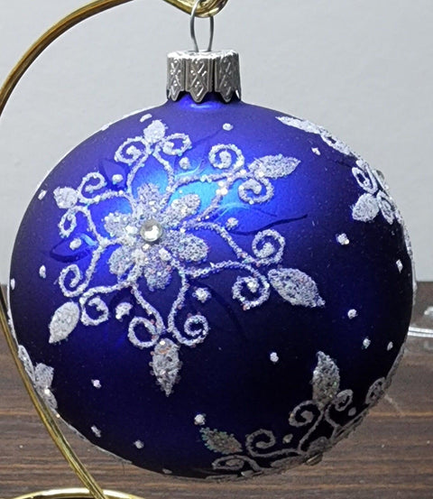 Blue Blown Glass Ornament - Handcrafted - Fancy Snowflake Design