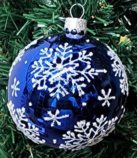 Blue Blown Glass Ornament - Handcrafted - Large Snowflake Design