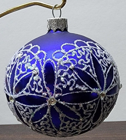 Blue Blown Glass Ornament - Handcrafted - Fancy Flower Design