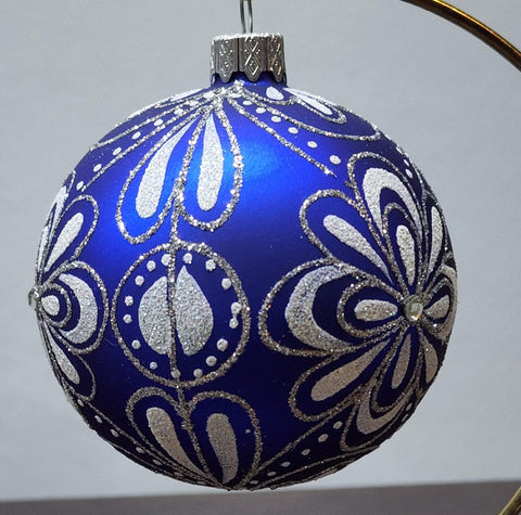 Blue Blown Glass Ornament - Handcrafted - Flower Design