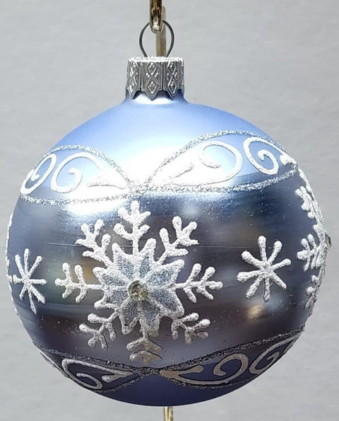 Light Blue Blown Glass Ornament - Handcrafted - Large Snowflake Design