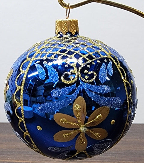 Blue Blown Glass Ornament - Handcrafted - Blue & Gold Modern Design