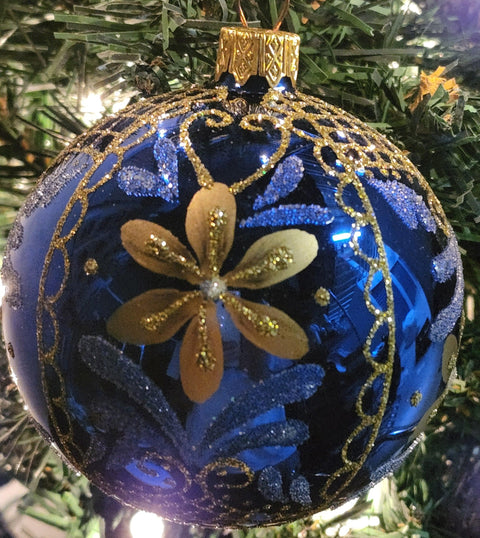 Blue Blown Glass Ornament - Handcrafted - Blue & Gold Modern Design