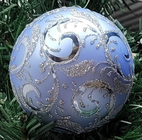 Baby Blue Blown Glass Ornament, Traditional Ornament With Modern Design Hand Made In Ukraine, A Beautiful Keepsake Hand Painted Ornament