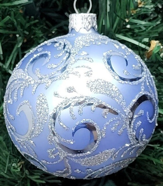 Baby Blue Blown Glass Ornament, Traditional Ornament With Modern Design Hand Made In Ukraine, A Beautiful Keepsake Hand Painted Ornament
