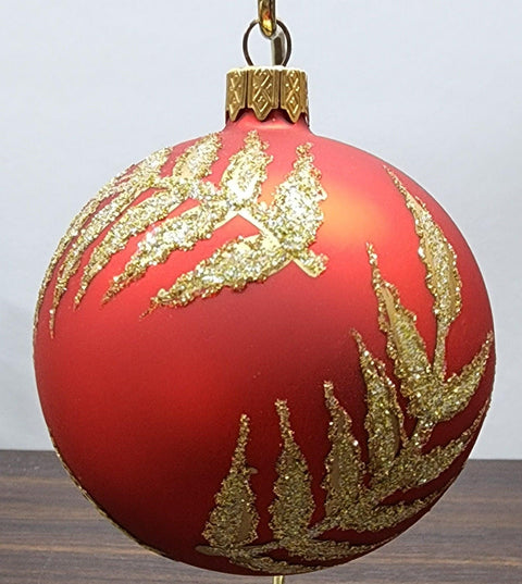 Red Blown Glass Ornament - Handcrafted - Golden Leaf Design