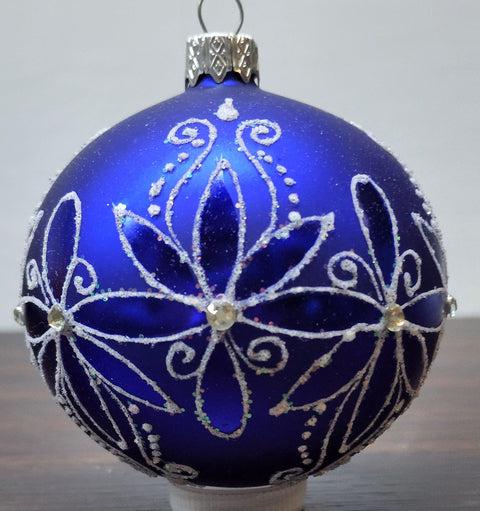 Blue Blown Glass Ornament - Handcrafted - Fancy Flower Design