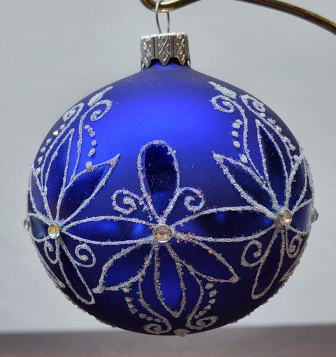 Blue Blown Glass Ornament - Handcrafted - Fancy Flower Design