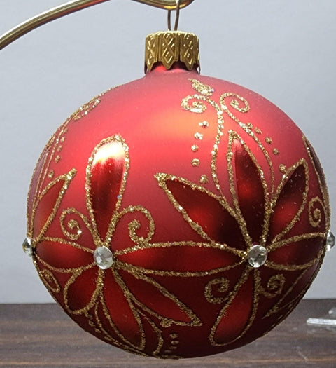 Red Blown Glass Ornament - Handcrafted - Fancy Flower Design