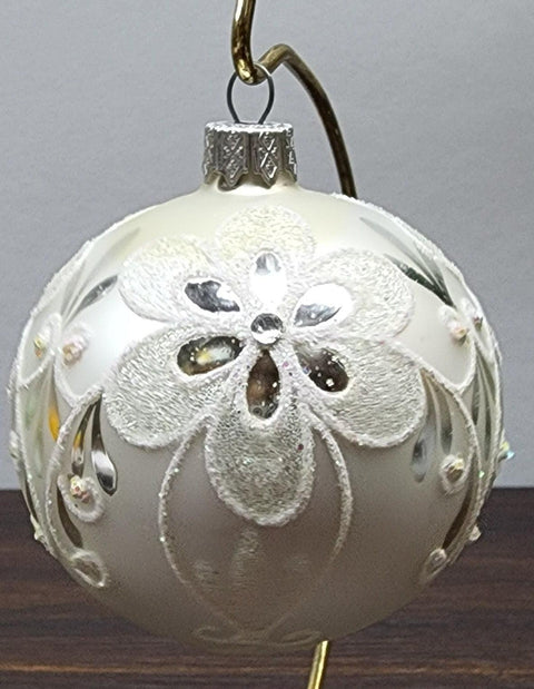 Silver Blown Glass Ornament - Handcrafted - Flower Design