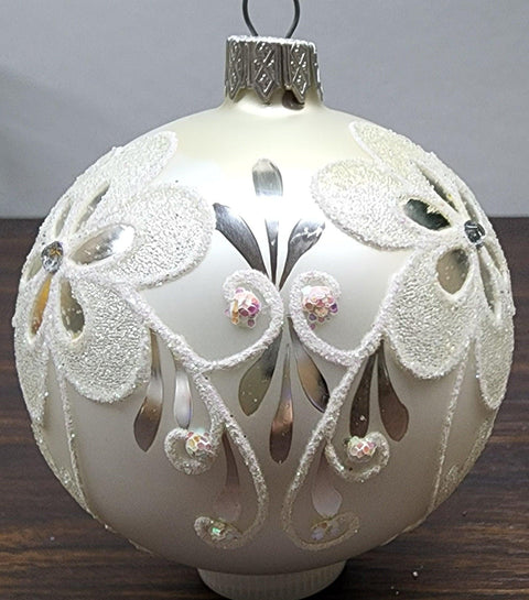 Silver Blown Glass Ornament - Handcrafted - Flower Design