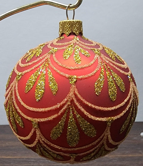 Red Blown Glass Ornament - Handcrafted - Gold Drops Design