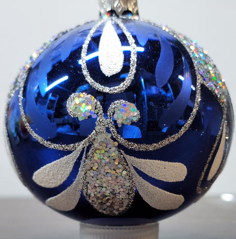 Blue Blown Glass Ornament - Handcrafted - Bumble Bee Design