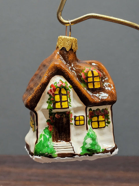 Hand Decorated Glass Keepsake Ornament - Charming Brown House Design