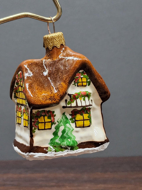 Hand Decorated Glass Keepsake Ornament - Charming Brown House Design