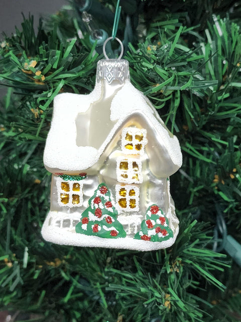 Hand Decorated Glass Keepsake Ornament - Charming Silver House Design