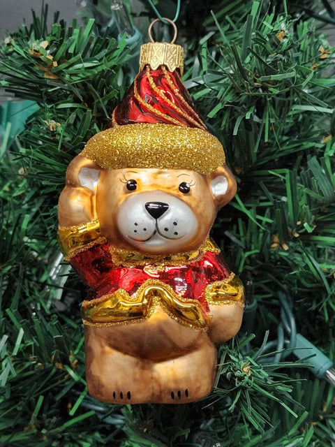 Hand Decorated Glass Keepsake Ornament - Charming Bear In Hat Design