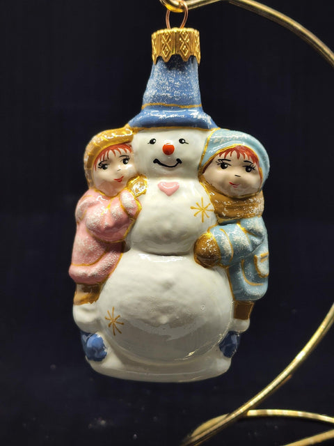 Hand Decorated Glass Keepsake Ornament - Charming Snowman & Kids