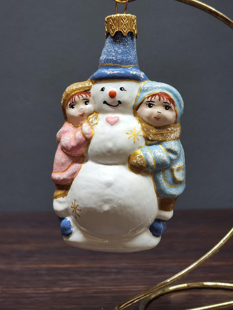 Hand Decorated Glass Keepsake Ornament - Charming Snowman & Kids