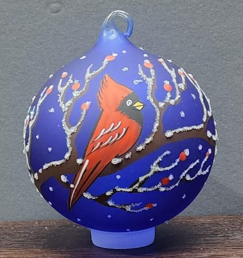 Blue Blown Glass Ornament - Handcrafted - Red Cardinal Design