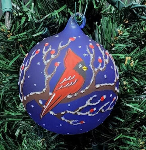 Blue Blown Glass Ornament - Handcrafted - Red Cardinal Design