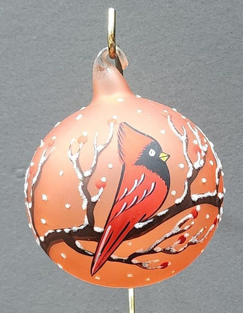 Orange Blown Glass Ornament - Handcrafted - Red Cardinal Design