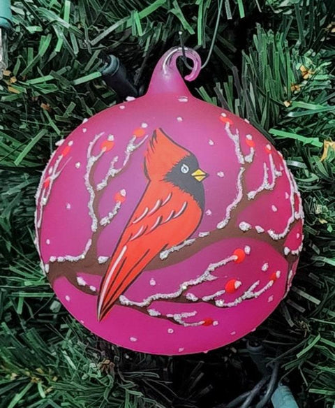 Pink Blown Glass Cardinal Ornament - Handcrafted - Red Cardinal Design