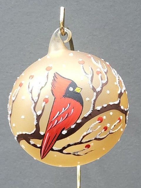 Yellow Blown Glass Ornament - Handcrafted - Red Cardinal Design