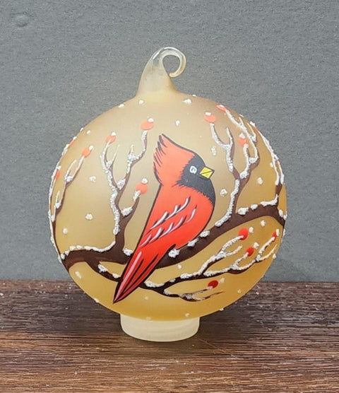 Yellow Blown Glass Ornament - Handcrafted - Red Cardinal Design