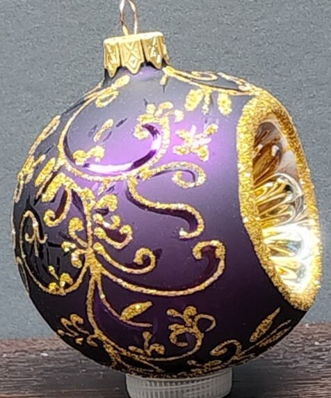 Purple Blown Glass Ornament - Handcrafted - Purple & Gold Design