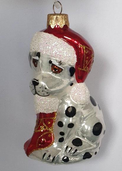 Hand Decorated Glass Keepsake Ornament - Dalmatian With Stocking Design