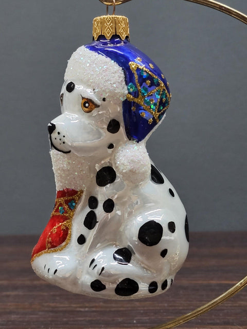 Hand Decorated Glass Keepsake Ornament - Dalmatian With Stocking Design