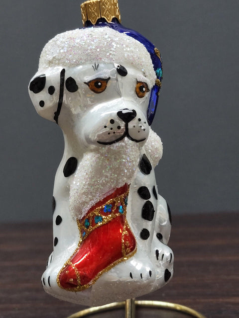 Hand Decorated Glass Keepsake Ornament - Dalmatian With Stocking Design