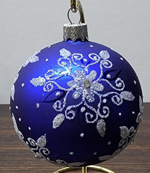 Blue Blown Glass Ornament - Handcrafted - Fancy Snowflake Design