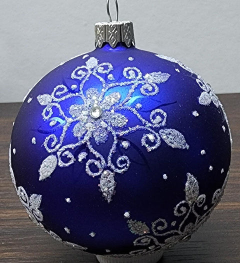 Blue Blown Glass Ornament - Handcrafted - Fancy Snowflake Design