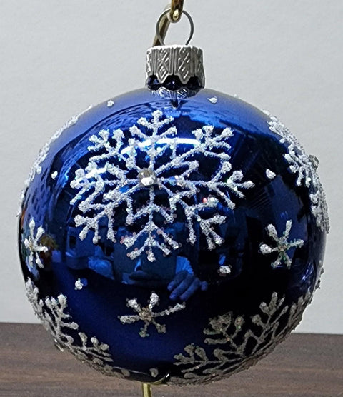 Blue Blown Glass Ornament - Handcrafted - Large Snowflake Design