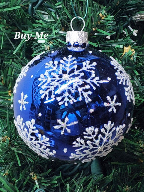 Blue Blown Glass Ornament - Handcrafted - Large Snowflake Design