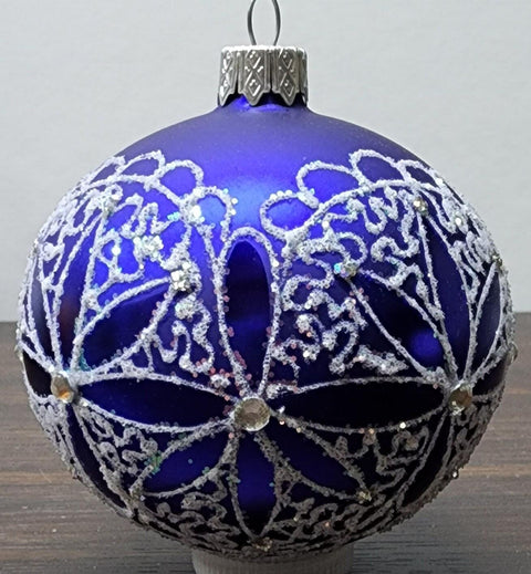 Blue Blown Glass Ornament - Handcrafted - Fancy Flower Design