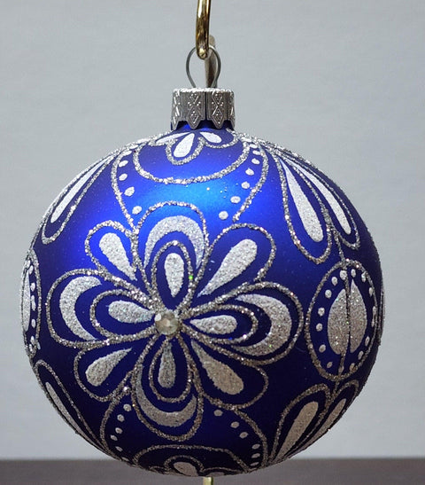 Blue Blown Glass Ornament - Handcrafted - Flower Design