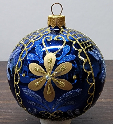 Blue Blown Glass Ornament - Handcrafted - Blue & Gold Modern Design