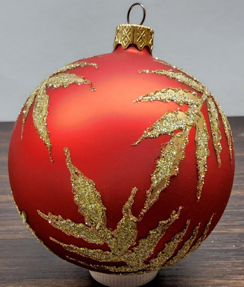 Red Blown Glass Ornament - Handcrafted - Golden Leaf Design