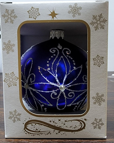 Blue Blown Glass Ornament - Handcrafted - Fancy Flower Design