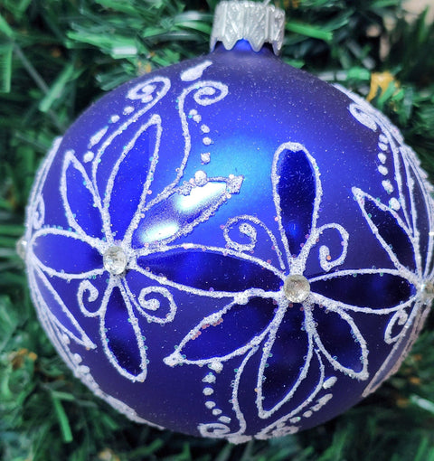 Blue Blown Glass Ornament - Handcrafted - Fancy Flower Design