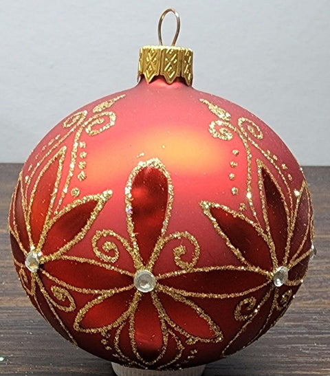 Red Blown Glass Ornament - Handcrafted - Fancy Flower Design