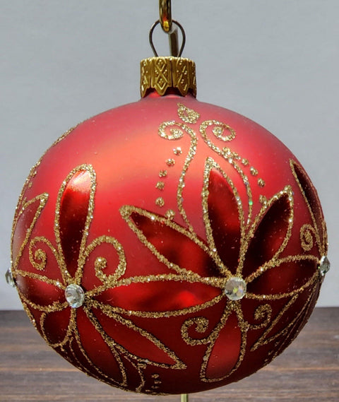 Red Blown Glass Ornament - Handcrafted - Fancy Flower Design